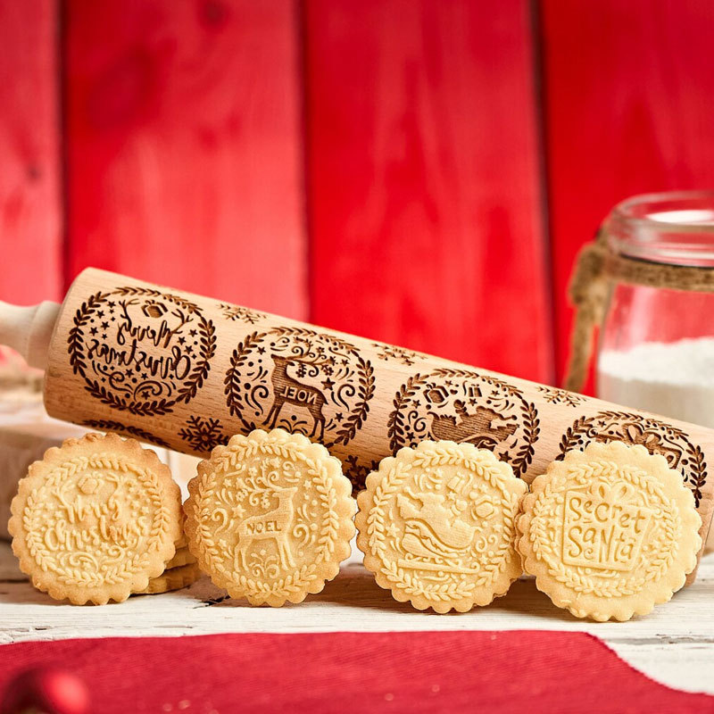 Laser Engraved Christmas Cheer Rolling Pin, Xmas Cookie Stamp