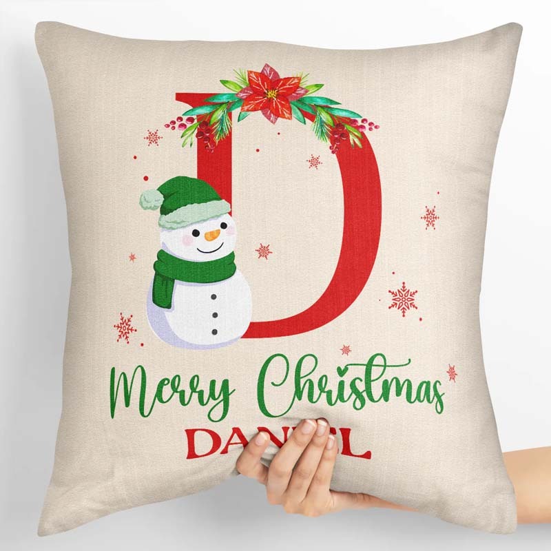 Monogram Christmas Snowman Personalized Custom Pillow Merry Christmas Gift