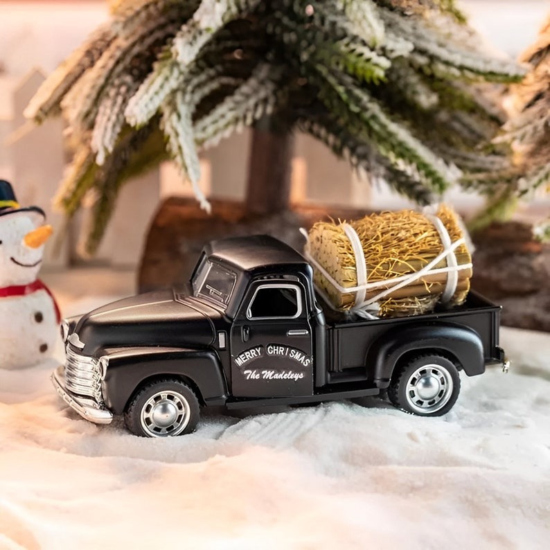 Personalized Christmas Tree Truck Vintage Style Metal Toy Truck w Custom Name