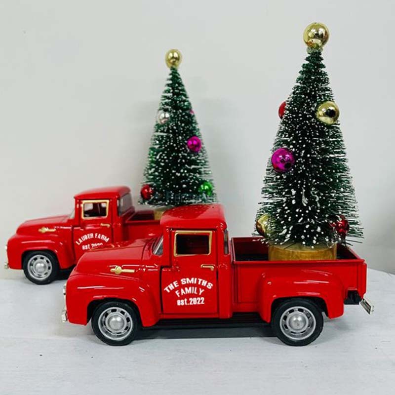 Engraved Red Truck with Christmas Tree Decor Metal Farm Truck