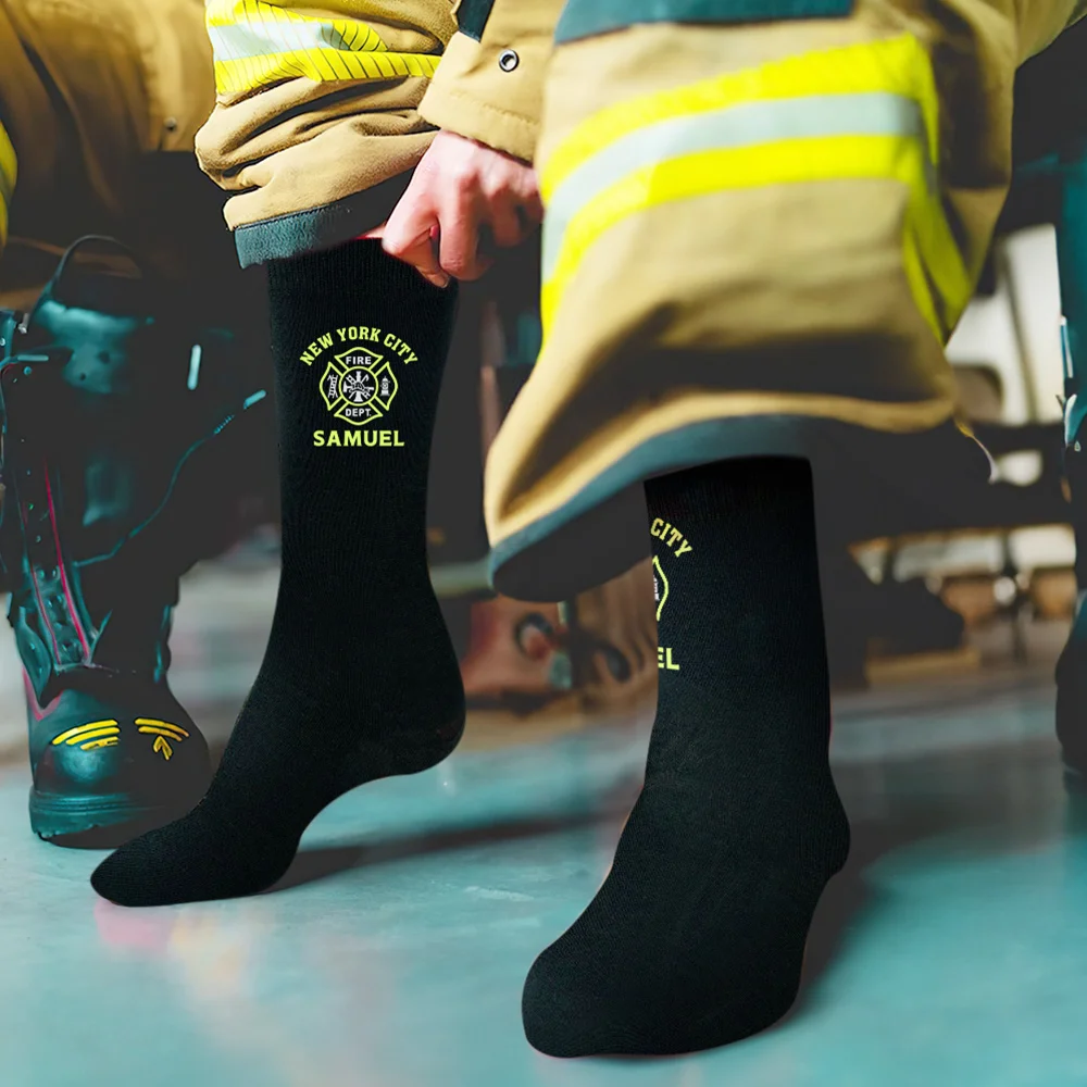 Personalized Fire Department Logo Cotton Mid-calf Men's Socks with City and Name Firefighter