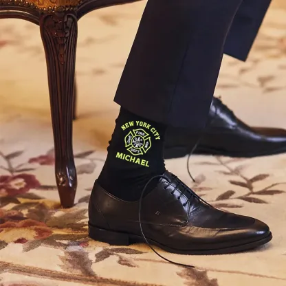 Personalized Fire Department Logo Cotton Mid-calf Men's Socks with City and Name Firefighter