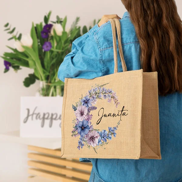 Personalized Birth Flower Wreath Reusable Jute Bag