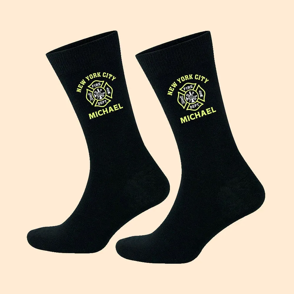 Personalized Fire Department Logo Cotton Mid-calf Men's Socks with City and Name Firefighter