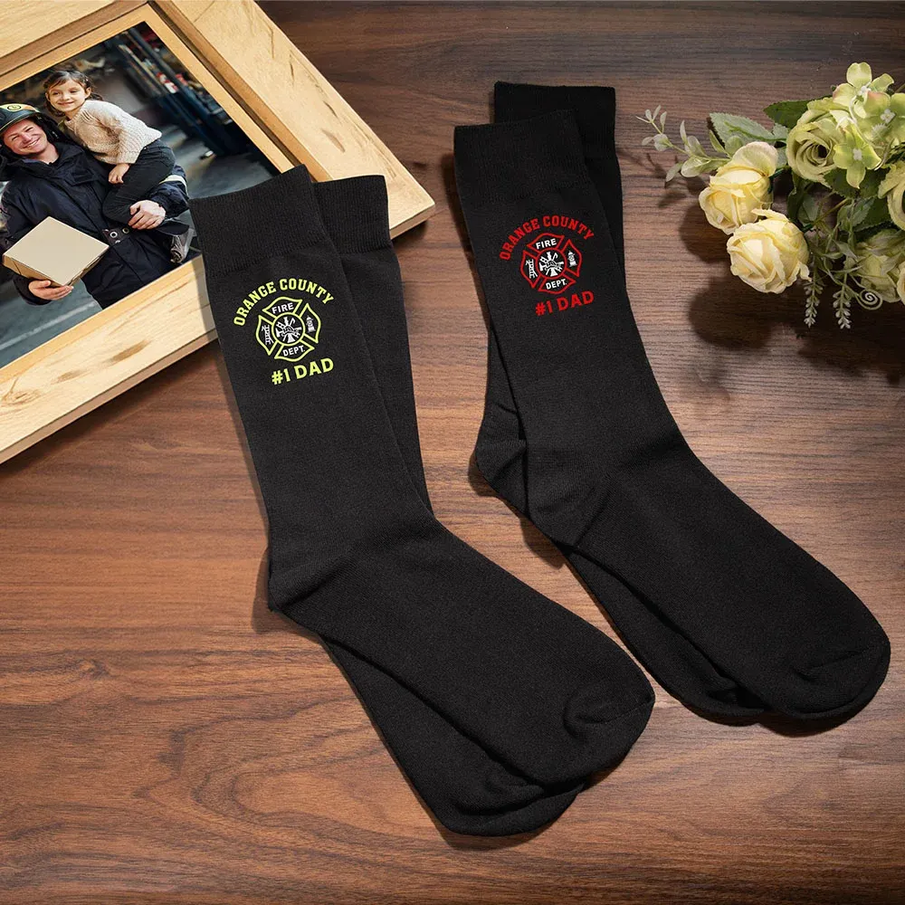 Personalized Fire Department Logo Cotton Mid-calf Men's Socks with City and Name Firefighter
