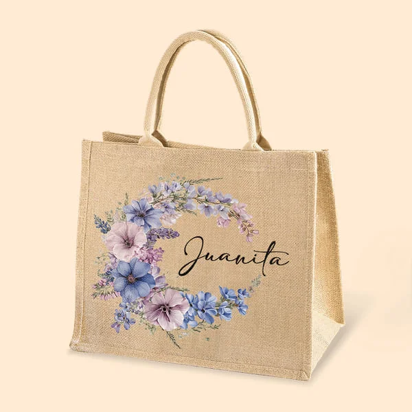 Personalized Birth Flower Wreath Reusable Jute Bag