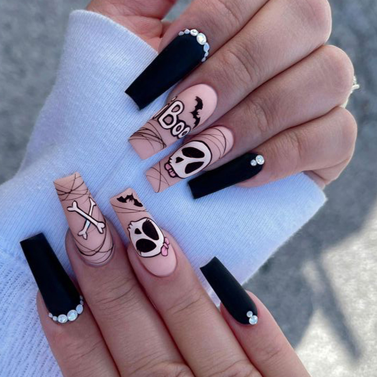 Boo! Halloween Skeleton Long Press-On Nails
