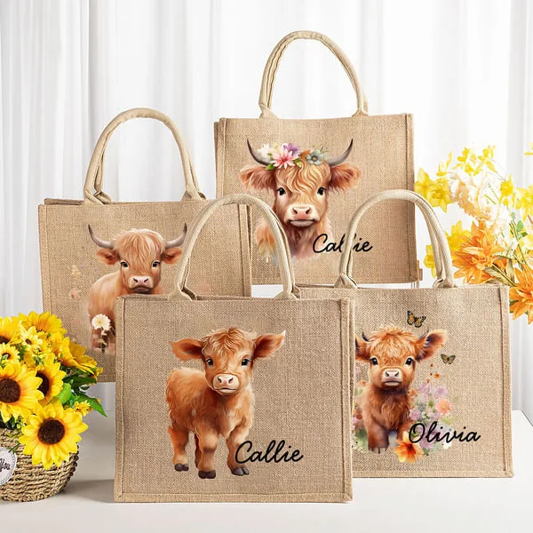 Personalized Flower Highland Cow Jute Tote Bag