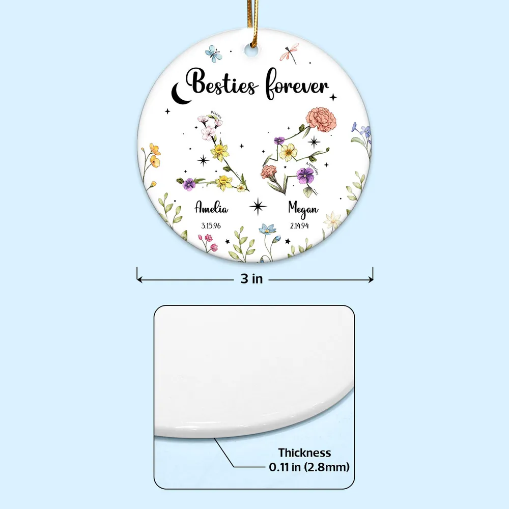 Sisters Besties Friends Zodiac Birth Month Flowers Personalized Circle Ornament, Christmas Gift