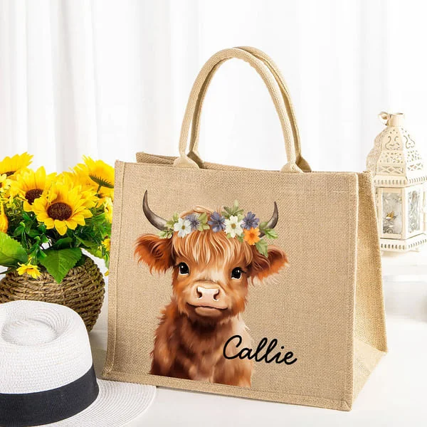 Personalized Flower Highland Cow Jute Tote Bag