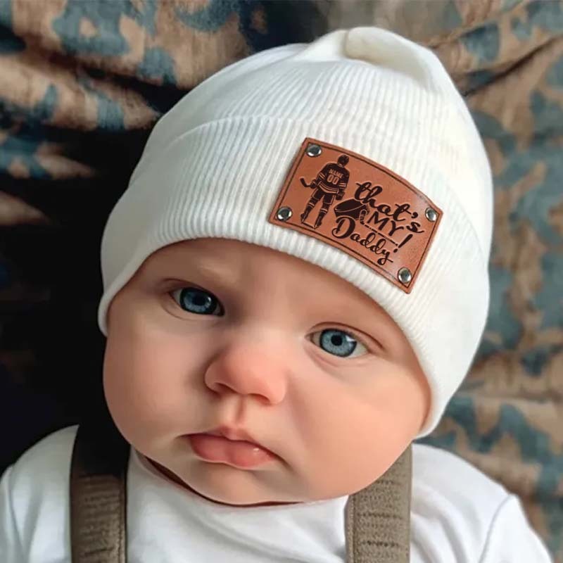 Custom "That's My Daddy/Mommy" Hockey Retro Leather Patch Beanie - Personalized Beanie for Little Hockey Fans