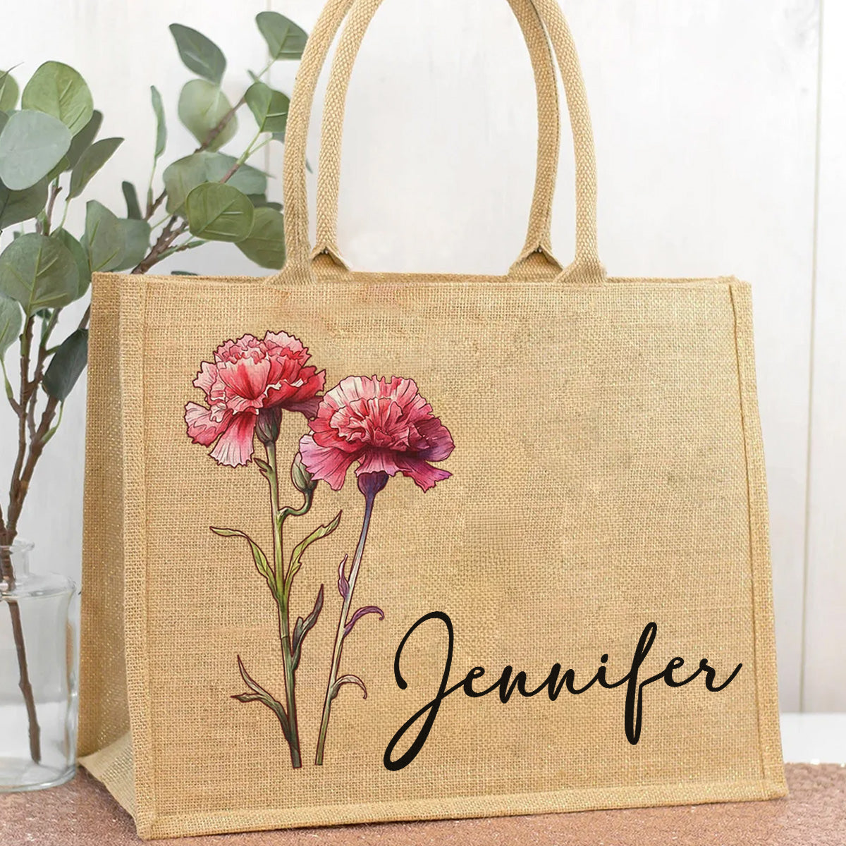 Birth Flower Beach - Personalized Custom Jute Tote Bag