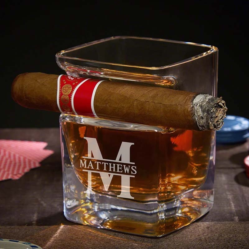 Custom Whiskey Glass with Cigar Holder - Personalized Glass Engraved Cigar Accessories for Whiskey Lovers