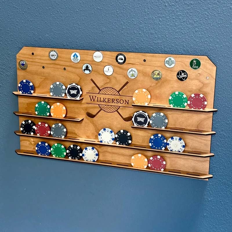 Personalized Wall Golf Ball Marker Display - Poker Chip and Magnetic Display - Unique Golf Gift for Him