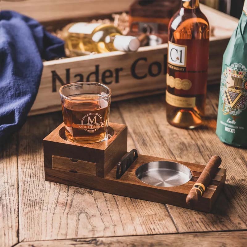Personalized whiskey glass and wooden cigar ashtray with whiskey glass holder