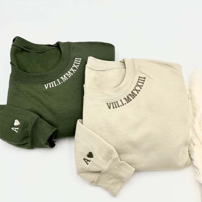 Custom Embroidered Roman Numeral on Neck With Initials on Sleeve Unisex Sweatshirt or Hoodie Valentine's Day Sweatshirt
