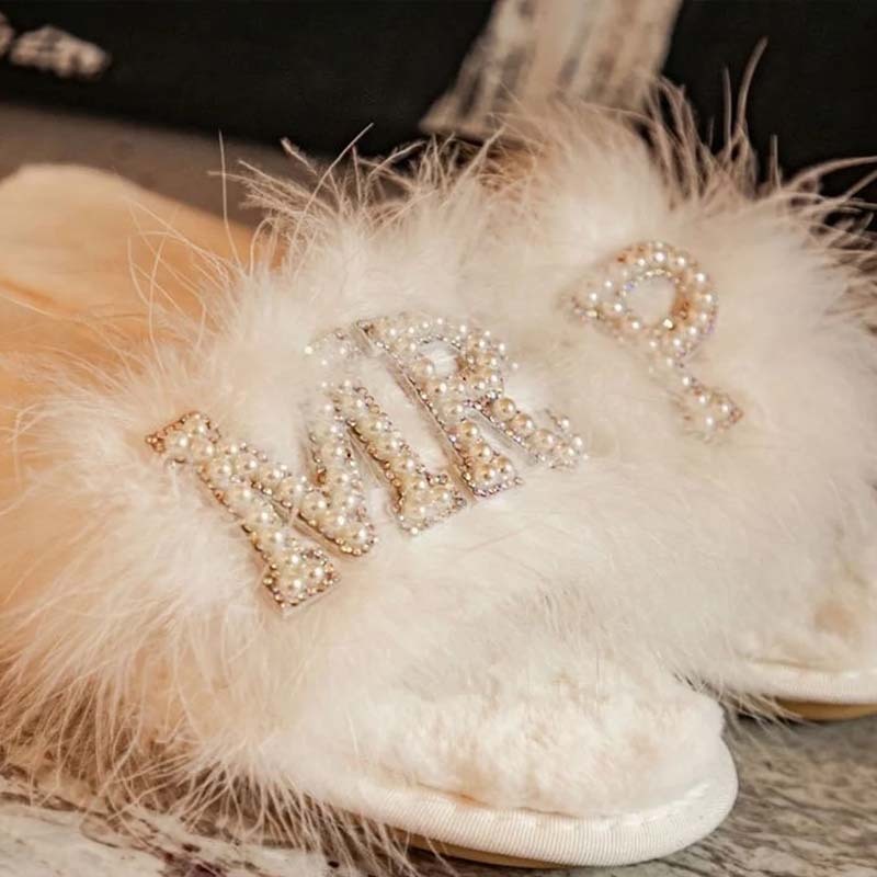 Feather Bride Slippers| I Do Slippeers|Customized Slippers|Peal Rhinestone Slippers
