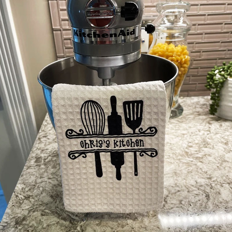 Dish Towel with Kitchen Utensils and Name, Custom Tea Towel, Kitchen Decor