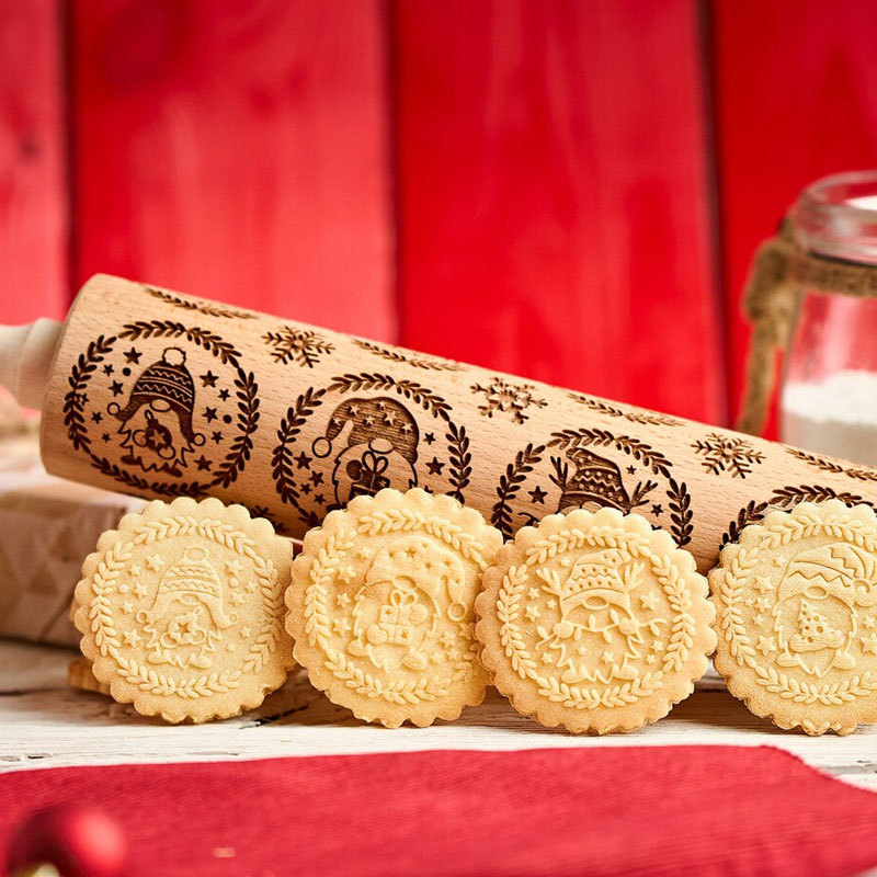 Laser Engraved Christmas Cheer Rolling Pin, Xmas Cookie Stamp