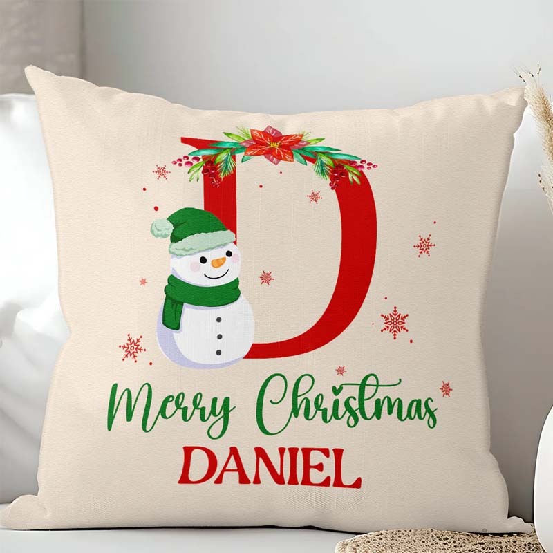Monogram Christmas Snowman Personalized Custom Pillow Merry Christmas Gift