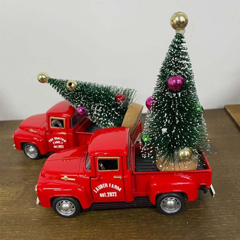 Engraved Red Truck with Christmas Tree Decor Metal Farm Truck