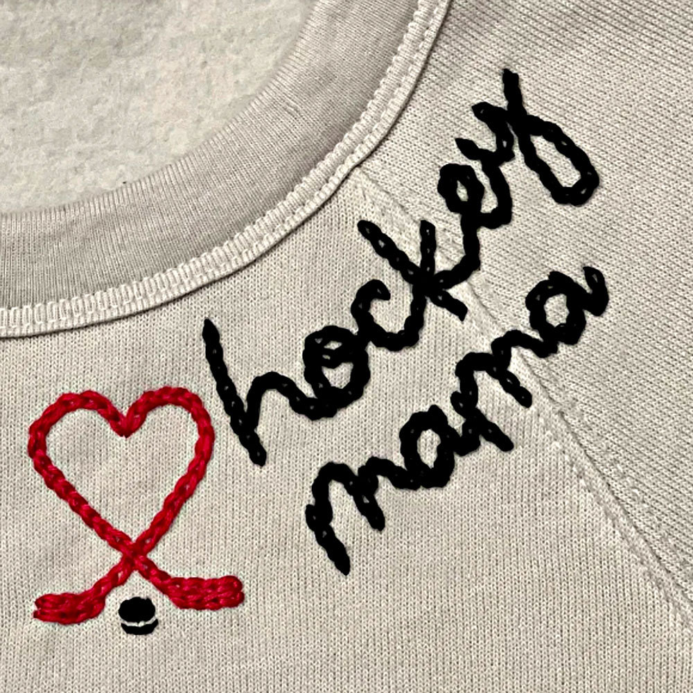 Chain Stitched Hand Embroidery Hockey Mama Sweatshirt