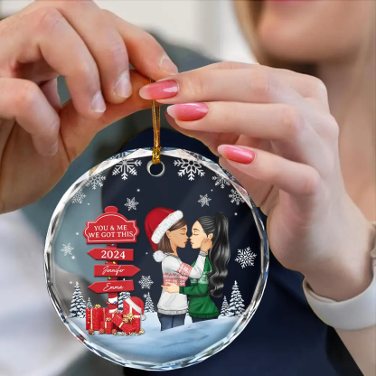 Christmas Couple Kissing Sign - Personalized Circle Glass Ornament
