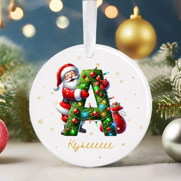 Personalized Santa Claus Woodland Initial Round Ceramic Christmas Ornament with Name