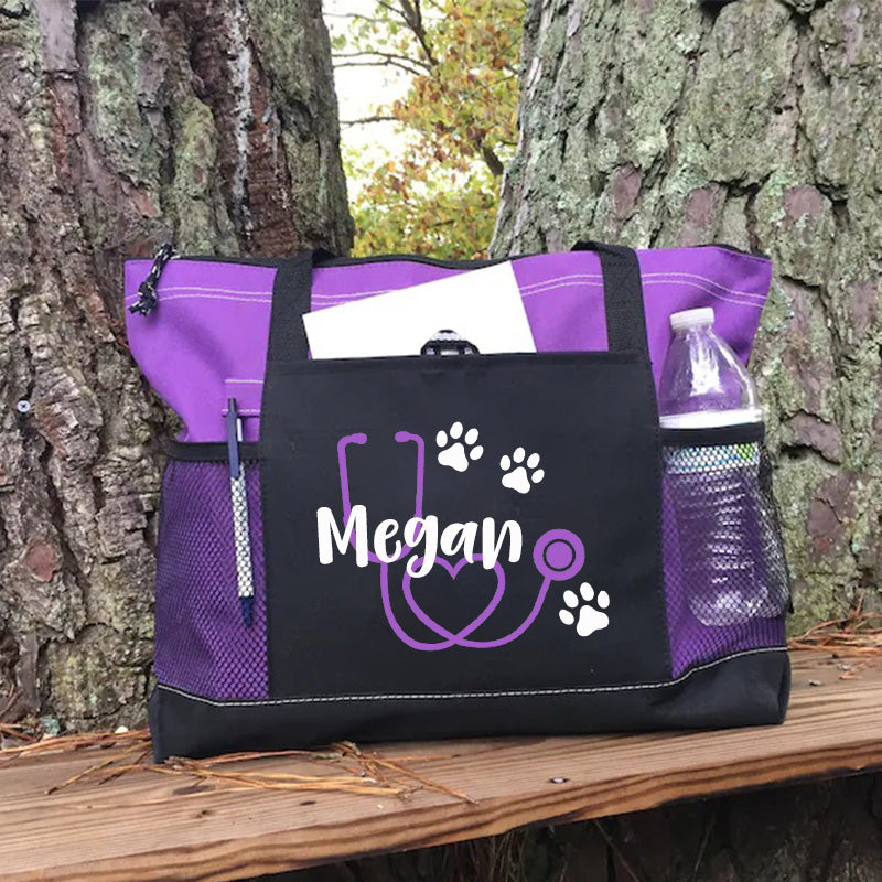 Stethoscope Paw Prints Personalized Nurse Tote Bag, Personalized Tote Bag, Custom Tote Bag
