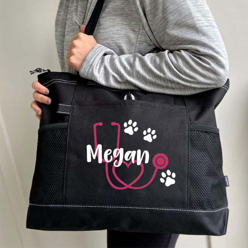 Stethoscope Paw Prints Personalized Nurse Tote Bag, Personalized Tote Bag, Custom Tote Bag
