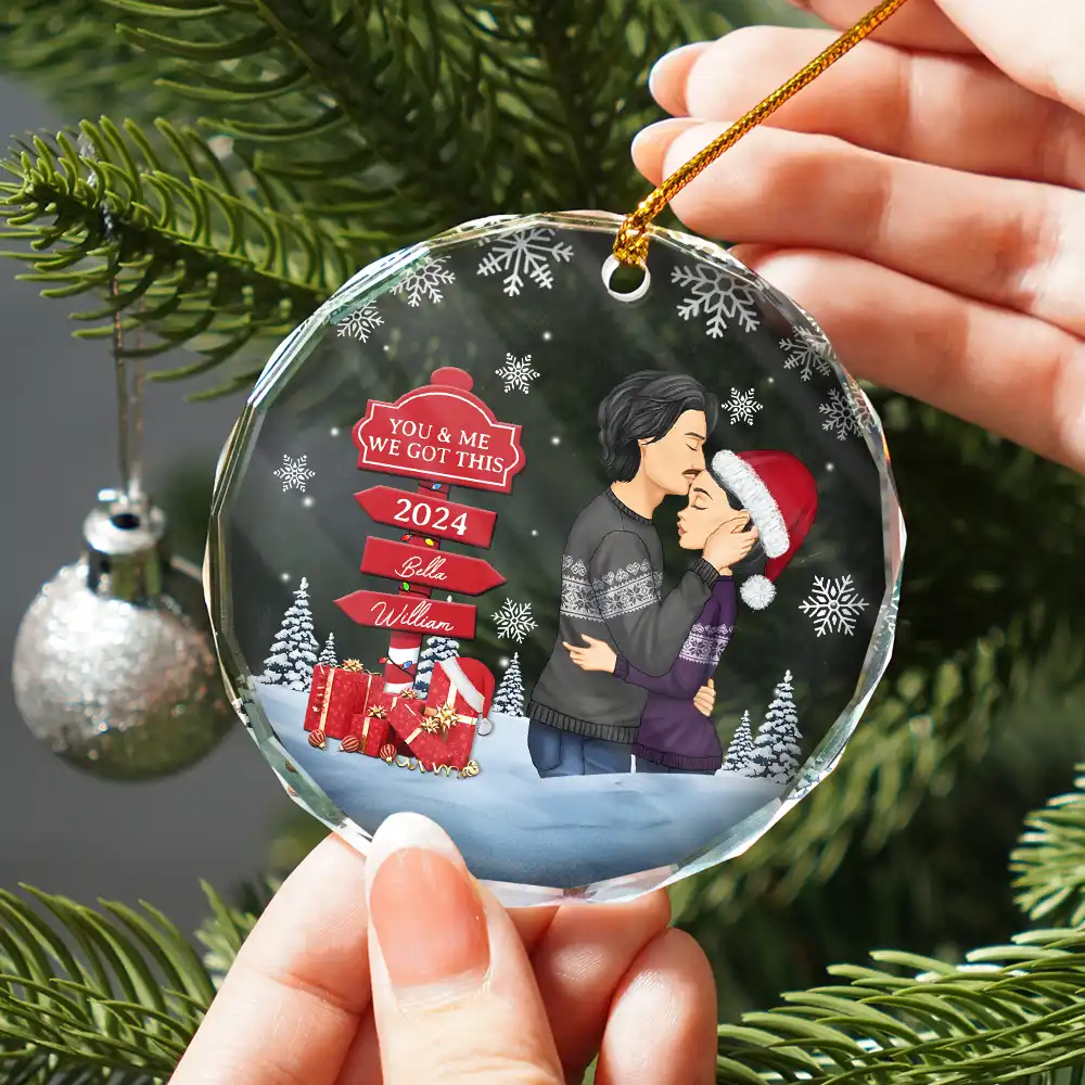 Christmas Couple Kissing Sign - Personalized Circle Glass Ornament