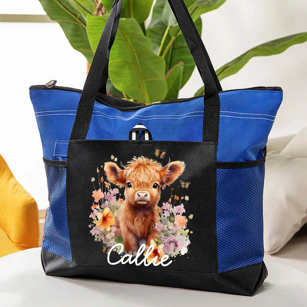 Personalized Highland Cow Lovers Tote Bag with Mesh Pocket