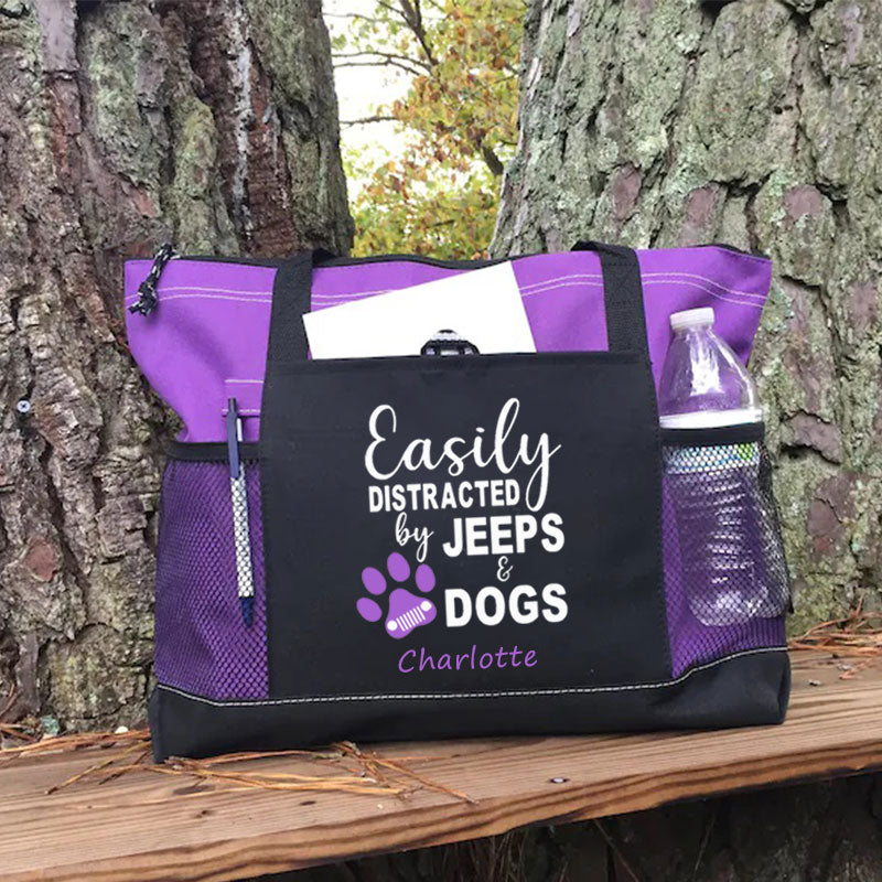 Easily Distracted by Jeeps and Dogs Tote Bag, Personalized Tote Bag, Custom Tote Bag