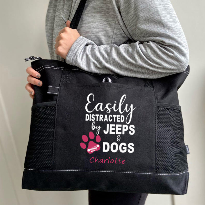 Easily Distracted by Jeeps and Dogs Tote Bag, Personalized Tote Bag, Custom Tote Bag