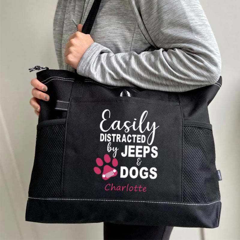 Easily Distracted by Jeeps and Dogs Tote Bag, Personalized Tote Bag, Custom Tote Bag