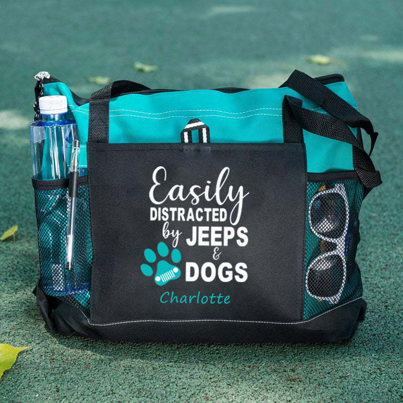 Easily Distracted by Jeeps and Dogs Tote Bag, Personalized Tote Bag, Custom Tote Bag