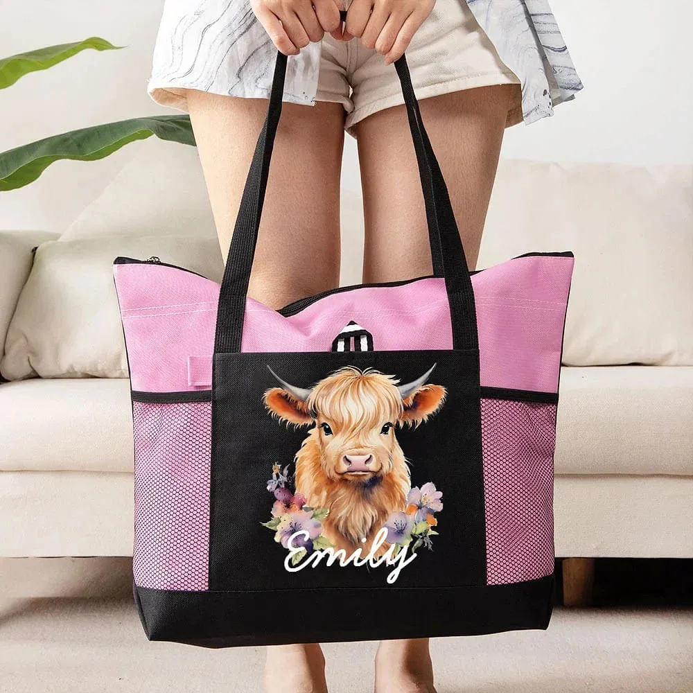 Personalized Highland Cow Lovers Tote Bag with Mesh Pocket