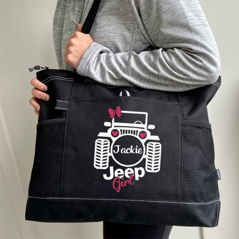Jeep Girl with Bow Tote Bag, Personalized Tote Bag, Custom Tote Bag