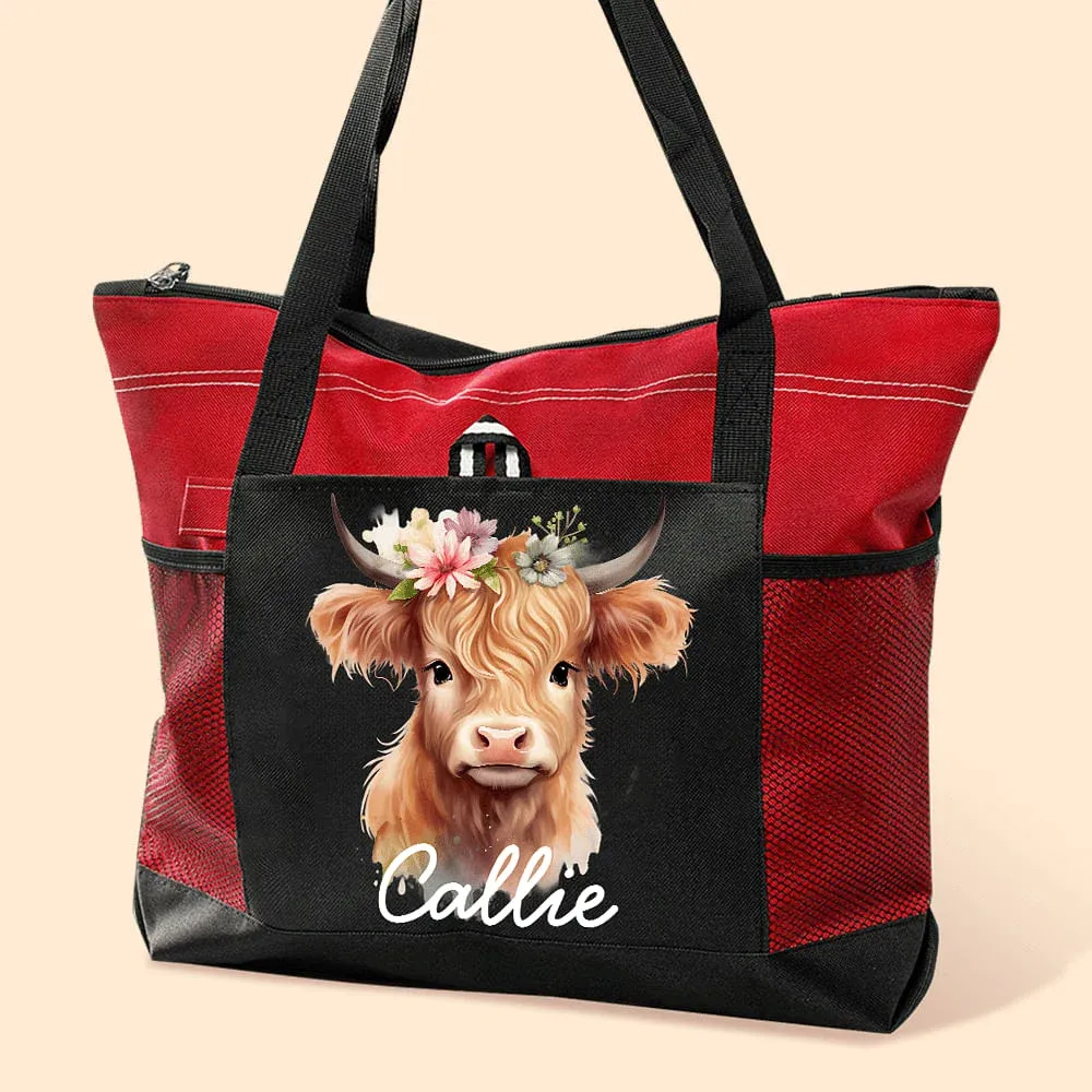 Personalized Highland Cow Lovers Tote Bag with Mesh Pocket