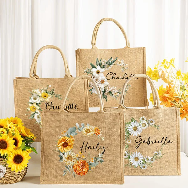 Personalized Birth Flower Wreath Reusable Jute Bag