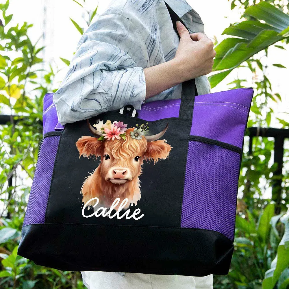 Personalized Highland Cow Lovers Tote Bag with Mesh Pocket