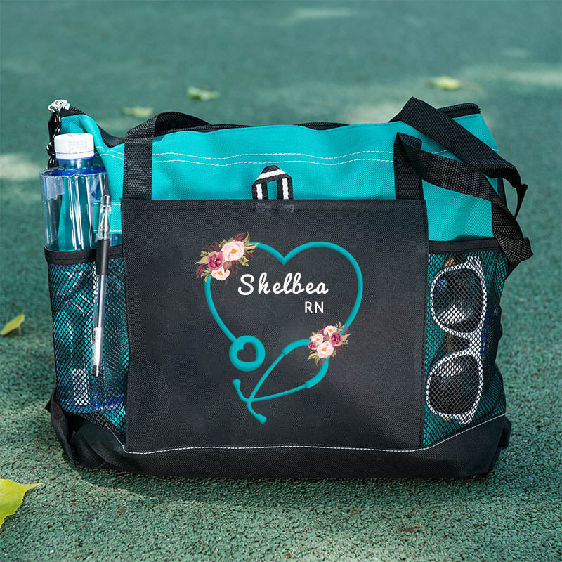 Personalized Heart Stethoscope with Flowers, Rn, Lpn, Cna, Cma Tote Bag