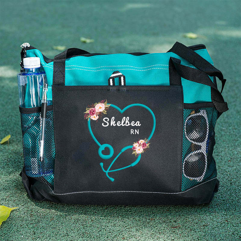 Personalized Heart Stethoscope with Flowers, Rn, Lpn, Cna, Cma Tote Bag