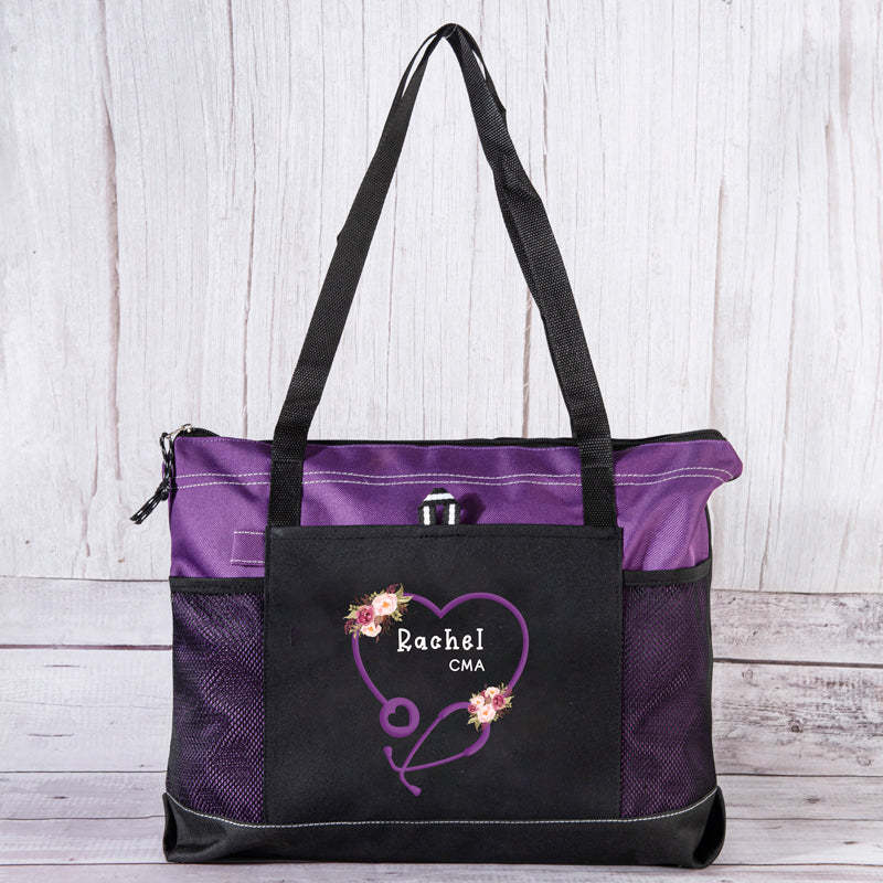 Personalized Heart Stethoscope with Flowers, Rn, Lpn, Cna, Cma Tote Bag