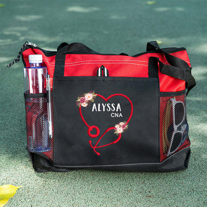Personalized Heart Stethoscope with Flowers, Rn, Lpn, Cna, Cma Tote Bag