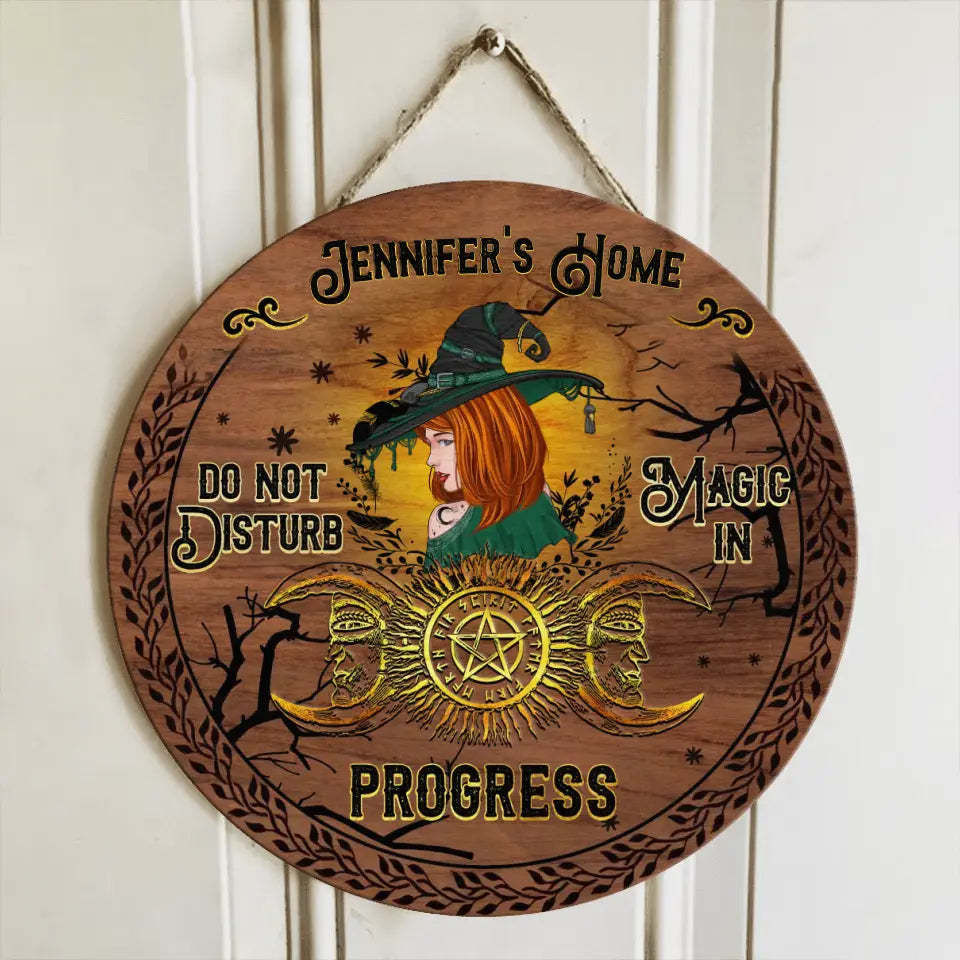 Personalized Witch Halloween Circle Wooden Door Sign - Do Not Disturb Magic In Progress