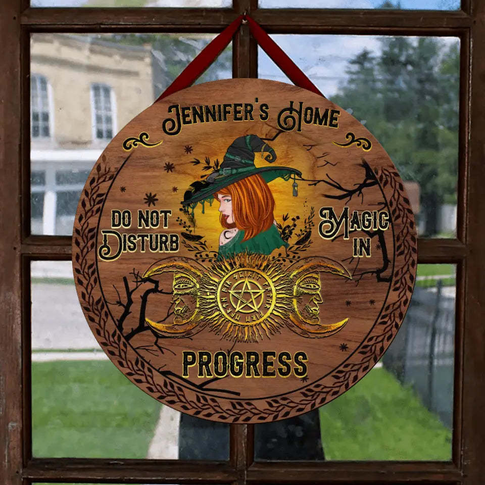 Personalized Witch Halloween Circle Wooden Door Sign - Do Not Disturb Magic In Progress