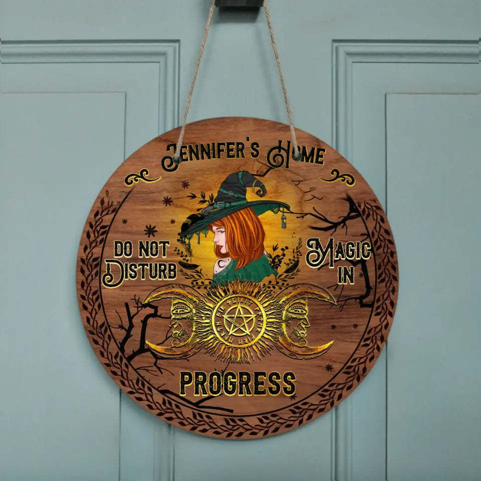 Personalized Witch Halloween Circle Wooden Door Sign - Do Not Disturb Magic In Progress