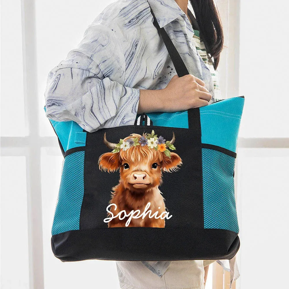 Personalized Highland Cow Lovers Tote Bag with Mesh Pocket