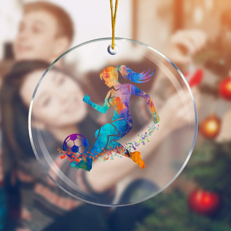 Personalized Watercolor Soccer Player Silhouette Clear Acrylic Ornament 